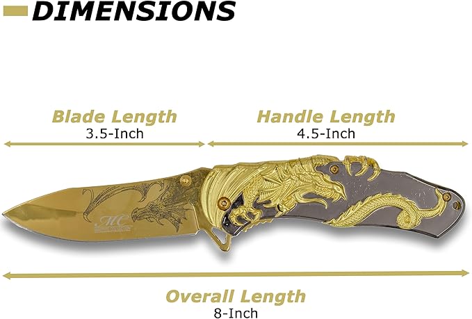 Masters Collection -Spring Assisted Open Folding Knife - Gold TiNite Coated Stainless Steel Blade w/Etched Dragon Gold and Black 2-Tone Zinc Alloy Handle w/Sculpted Dragon - MC-A045