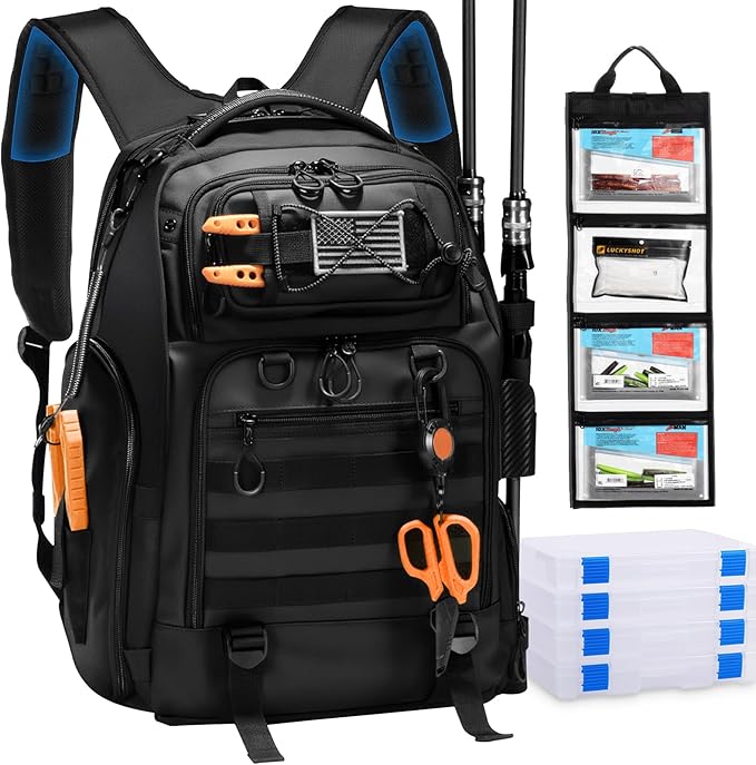50L Fishing Tackle Backpack with Removable Lure WrapsInclude (4) 3600 Tackle Boxes 2 Rod Holders Storage Fishing Gear and Equipment