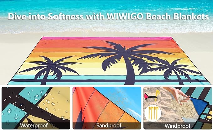 Beach Blanket Waterproof Sandproof Beach Mat 79 X 83/10'x9'for 2-8 Adults Quick Drying Outdoor Picnic Mat Beach Accessories for Travel Camping Hiking