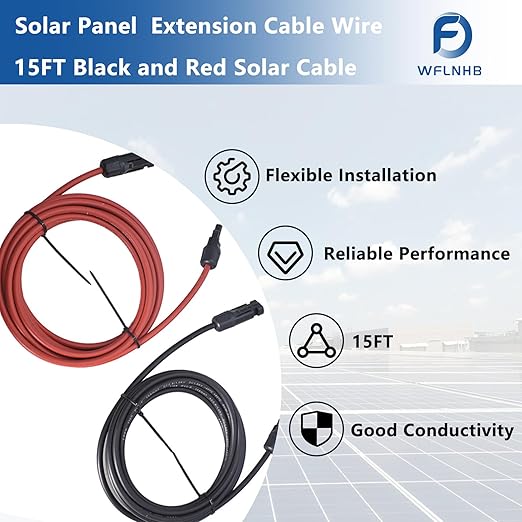 WFLNHB 15FT 10AWG Black + Red 10 Gauge Solar Panel Extension Cable Wire with Female and Male Connector Solar Connector