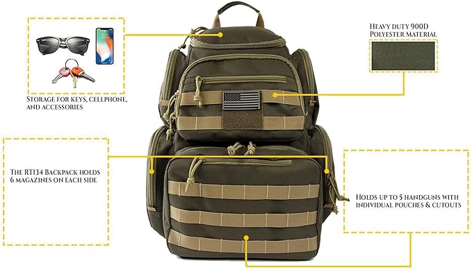 K-Cliffs Tactical Range Backpack – Lockable Bag for 5 Handguns Pouches – 900D Water‑Resistant with Rain Cover &amp USA Patch