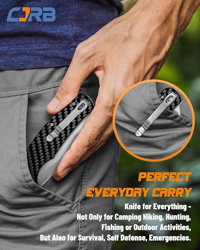 CJRB Crag Tactical KnifeCleaver Pocket Folding Knife with Stonewash AR-RPM9 Steel Blade and Carbon Fiber Handle for Men Outdoor Survival Camping and EDC Black (J1904R)