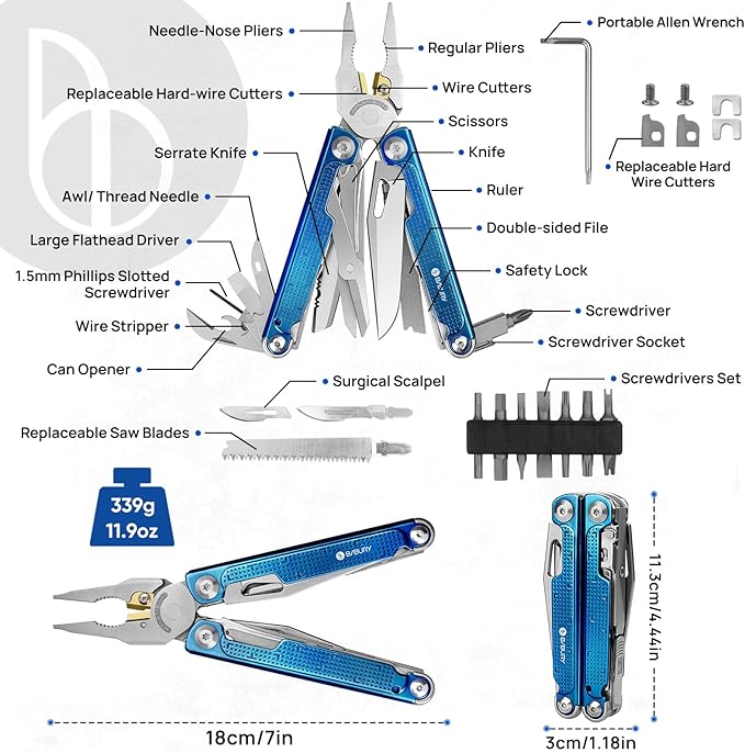 BIBURY Multitool Pliers BI2049BL with Blue Titanium Handle EDC Multi Tool with Replaceable Wire Cutter Full-Size Scissors and Screwdirver Set Heavy Duty Hand Tool for DIY Repair Camping Survival