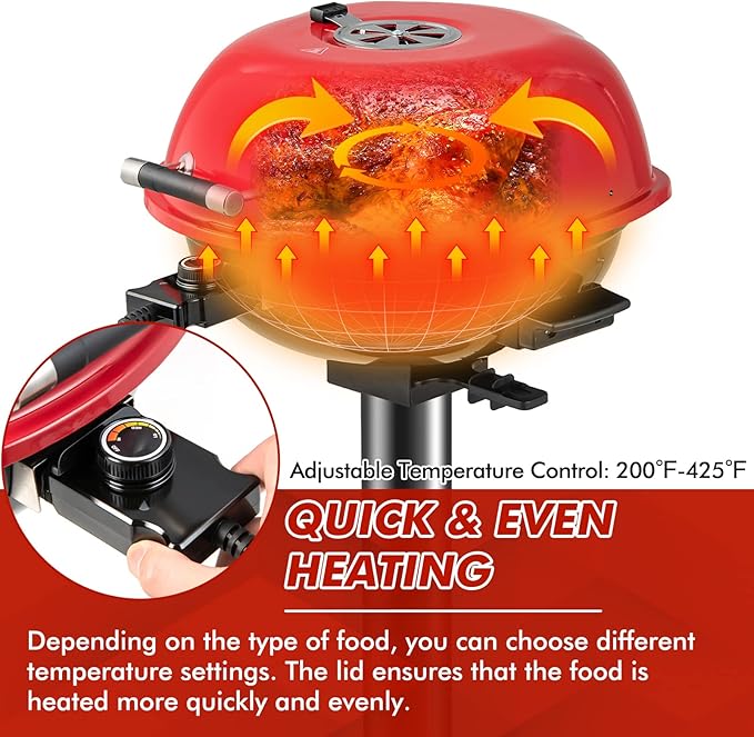HAPPYGRILL Electric Grill Outdoor 1600W Barbecue 15-Serving for Indoor &amp Outdoor Use Portable Stand BBQ Grill for Cooking Patio Kitchen Garden Red