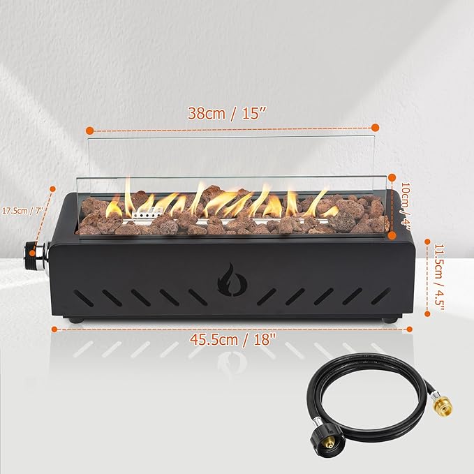 ONLYFIRE OUTDOOR LIVING 18 Propane Gas Fire Pit with Glass Wind Guard &amp Lava Rocks Portable Tabletop Smokeless Firepit Side-Mounted for Patio Backyard Camping Tailgating RV Hose Included FP026