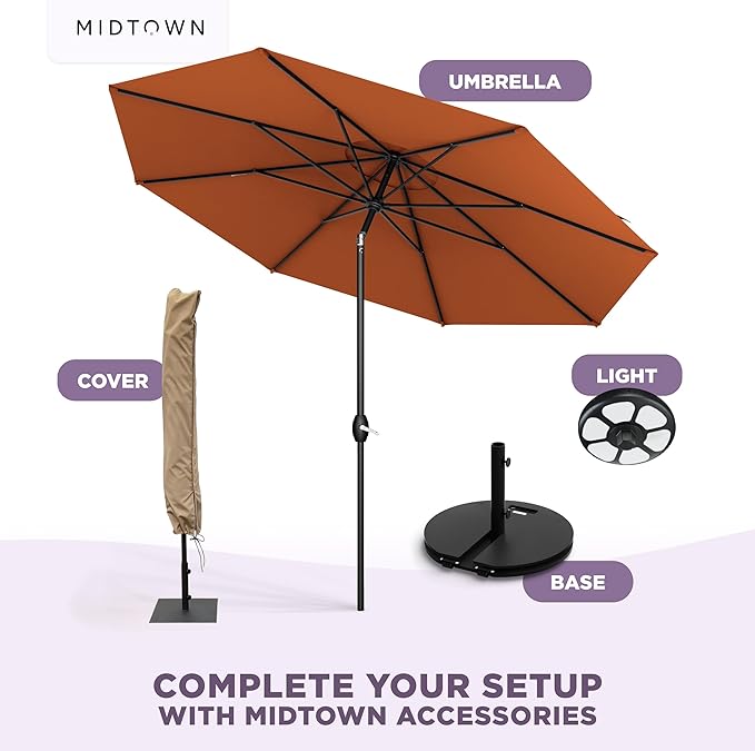 Midtown Umbrellas - 10-Year-No-Fade 9 Ft Patio Umbrella with Terylast Fabric Auto-Tilt Aluminum Frame and 8 Reinforced Ribs for Deck Pool Garden &amp Beach - Dark Orange Canopy Black Pole