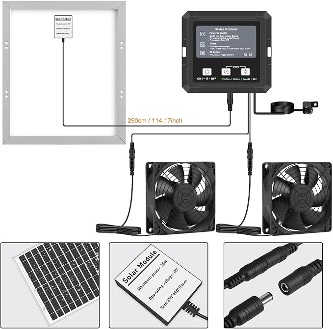 25W Solar Exhaust Fan with Battery Solar Powered Fan for Shed &amp Greenhouse 3 Modes Controller (Continuous/Timer/Motion Sensor) For Intake or Exhaust Vent Cooling for Chicken Coop Dog House