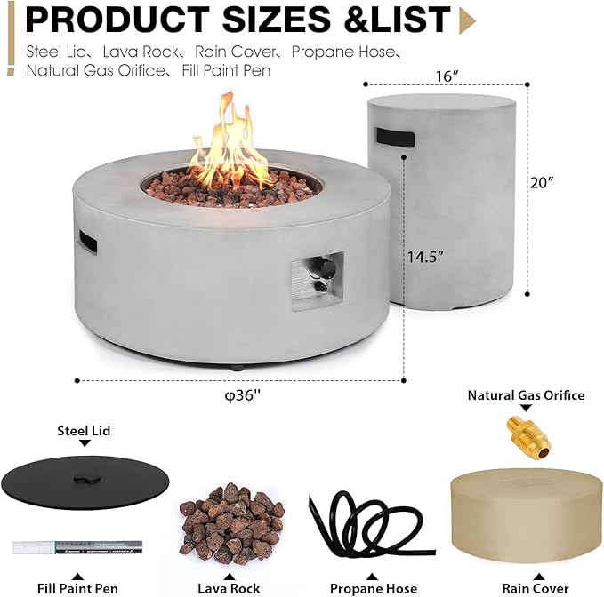 2-Piece Outdoor Propane Fire Pit Table Set w/Tank Cover Table 36-inch 50000 BTU Concrete Firepit SUS201 Round Burner with Steel Lid Lava Rocks Rain Cover