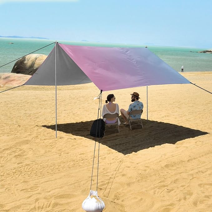 Pink Blue Gradient Foldable Beach Cabana UPF50+ Protection Water-Resistant Shade Sun Shelter with Sand Shovel Sandbags for Camping Picnics Backyard