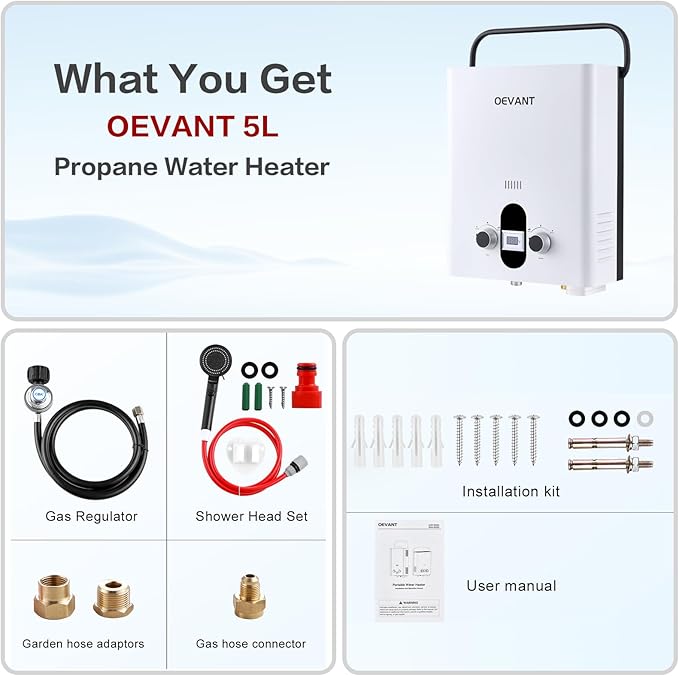 Propane Water Heater 1.32 GPM 5L Portable Tankless Water Heater with Overheating Protection Upgrade Screw-free Back Shell Instant Hot Water for RV Camping Outdoor Shower (WHITE)