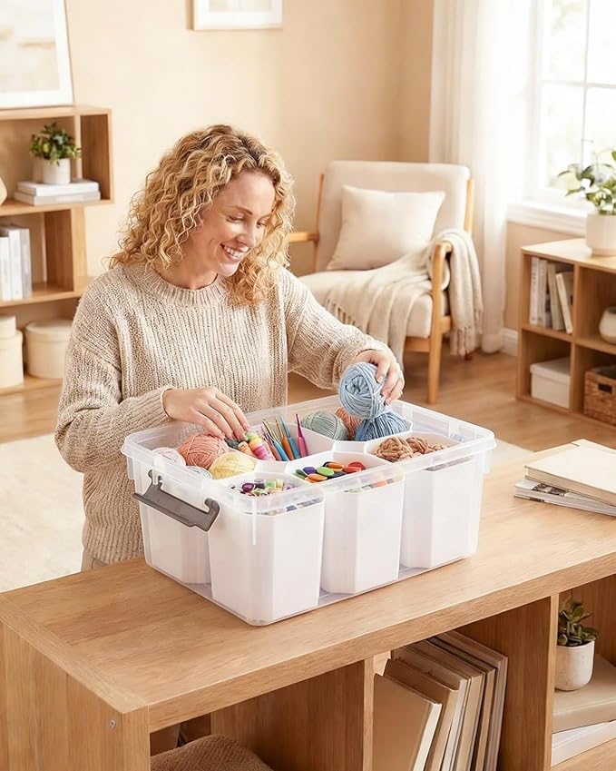EOENVIVS Clear Plastic Storage Box with Dividers Transparent Organizer Bin with Lid and Handle Multi-Compartment Container for Office Supplies Craft Tools Cables and Accessories