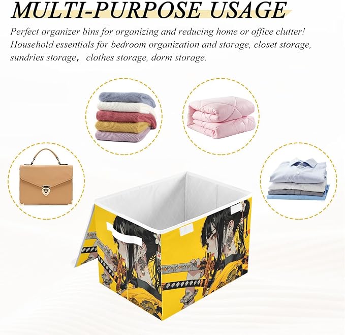 Storage Cube with Lid Samurai Anime Yellow Print 16.5×12.6×11.8 IN Collapsible Large Capacity Foldable Storage Basket Bin Organizer