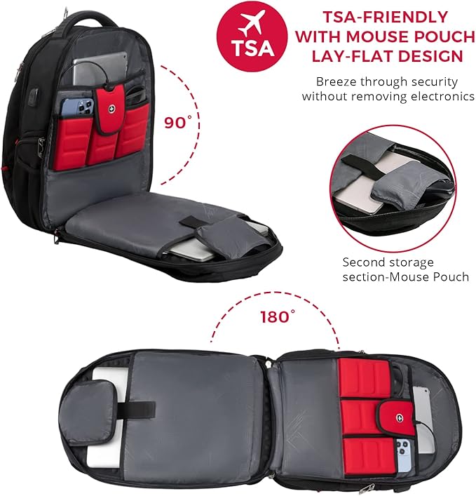 Swissdigital Design Travel Backpack for Women or Men TSA Friendly USB Charging RFID Protection Business Carry on Bag Fits 15.6 Laptop Backpack Black | J14-BR