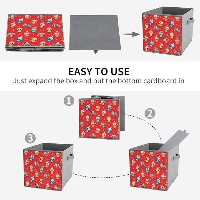 Collapsible Storage Bins with Handles Christmas Owl Red Large Capacity Foldable Cube Box for Blankets Comforters Pillows Perfect for Linen Closet Storage