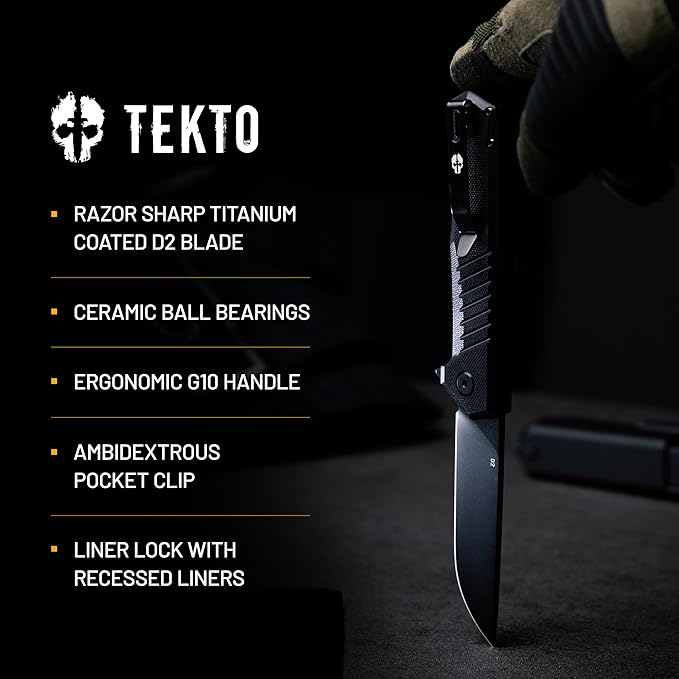 TEKTO F1 Alpha Folding Pocket Knife - Modified Straight Back Blade Titanium Coated D2 Steel Ideal for Outdoor Camping and Backpacking Tactical G10 Black Handle Black Titanium Accents
