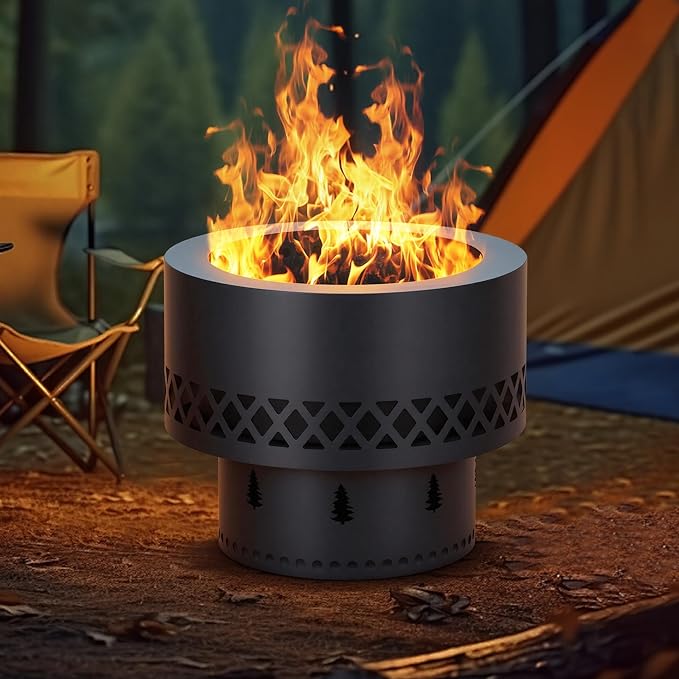 Garvee 19in Smokeless Wood Burning Fire Pit Table - with Removable Ash Pan &amp Dust Bag Outdoor Fireplace for Patio Camping Bonfire Backyard BBQ
