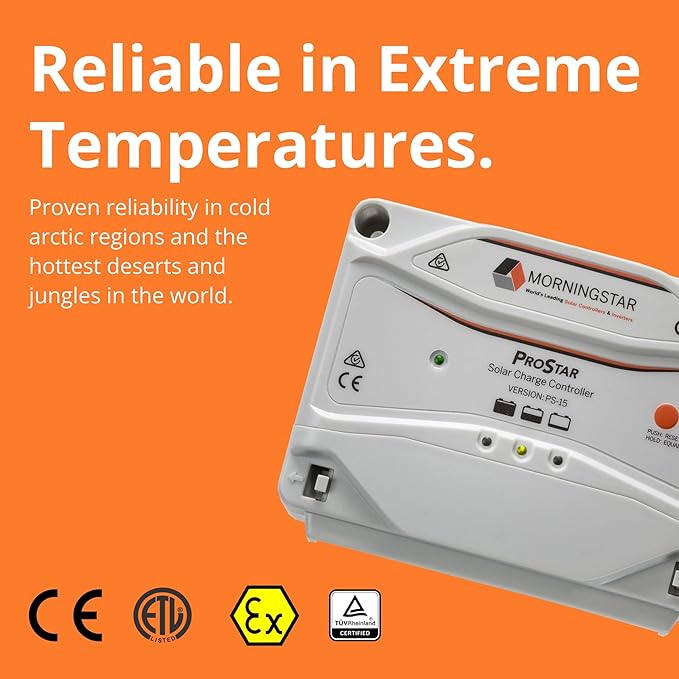 Morningstar Prostar 15A PWM Solar Charge Controller (PS-15) - Intelligent Solar Panel Regulator Supports 12V/24V LA/Lithium Batteries LVD/Lighting Control HazLoc Rated Low Noise - Designed in USA