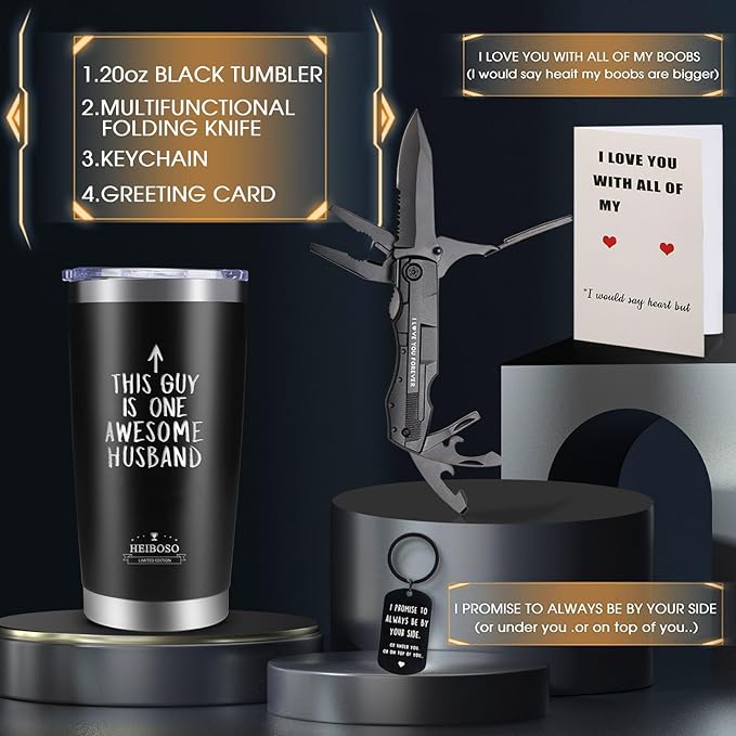 Valentines Day Gifts For Husband-Premium Insulated Tumbler &amp Multi-Tool Pocket Knife Set with Keychain &amp Greeting Card GiftAnniversary Birthday Gift for Him-Mens Wedding Keepsake Box