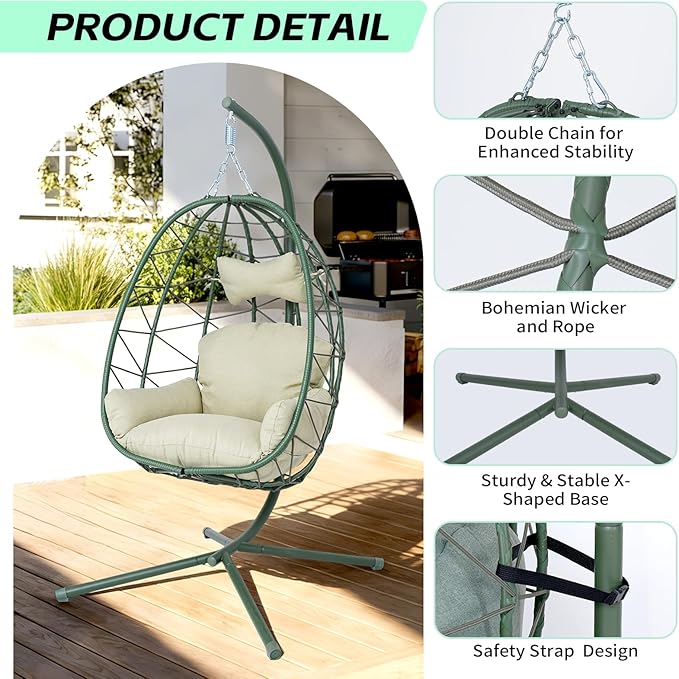 Hanging Egg Chair with Stand Outdoor Indoor Patio Rattan Swing Hammock Chairs with Washable Cushion PE Wicker Swing Chair for Backyard Bedroom Garden (Dark Green + Cyan Cushion No Footrest)