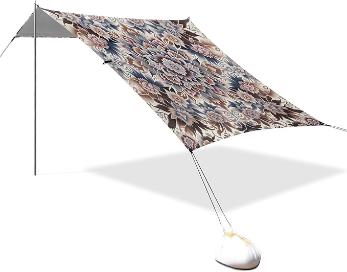 Floral Ikat Pattern Beach Tent Sun Shelter Set UPF50+ UV Protection 10.5 x 9.19 FT Camping Shade Canopy with Sandbags Sand Anchors Carrying Bag and Others
