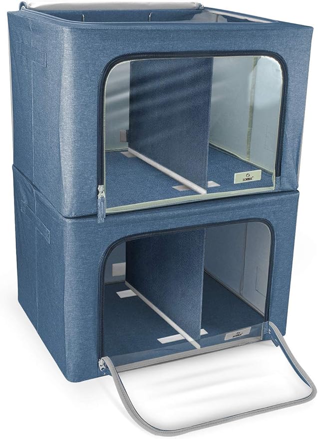 Sorbus Storage Bins with Divided Interior - Large Stackable &amp Foldable Organizer Containers with Metal Frame Oxford Fabric Large Window &amp Carry Handles - Organization for Bedroom Linens &am