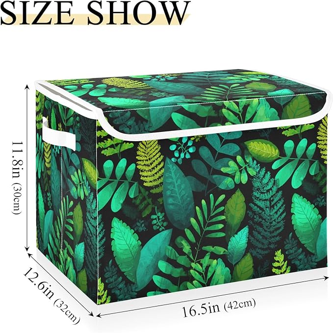 Collapsible Storage Bins with Lids Decorative Fabric Storage Cubes Closet Organizer and Storage Basket Boxes Containers for Clothes Box Chest Nursery Folding Rectangle Dark Green Leaves