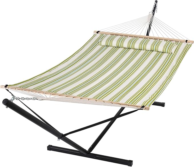 SUNCREAT Portable Double Hammock with Stand 475 lbs Capacity Heavy Duty Two Person Hammock with Stand Included Green Stripe