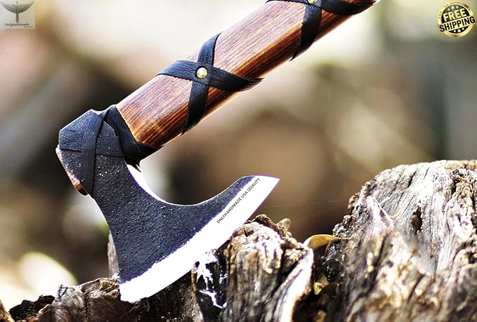 Custom Gift Forged Carbon Steel Viking Axe with Rose Wood Shaft Viking Bearded Camping Axe &amp Hatchet Birthday Gift for Him Ragnar Axe axis (Ragnar)