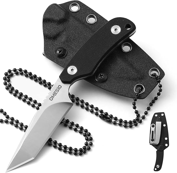 Omesio Tanto Neck Knife Small Fixed Blade Knife with Kydex Sheath and Clip Full Tang 6 Neck Knife with Sheath and Necklace Mini Tactical EDC Knife D2 Steel G10 Handle(White Steel+ Black Handle)