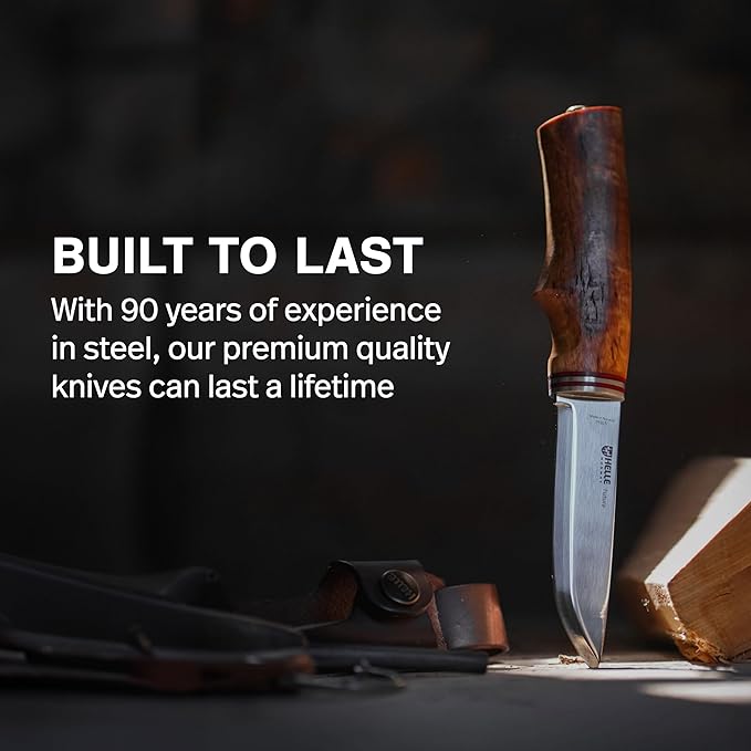 HELLE Knives - Futura - Outdoor Adventure Camping Knife with Sheath Triple Laminated Stainless Steel Fixed Blade Curly Birch Handle Made in Norway