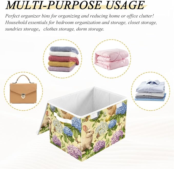 Yellow Easter Bunny Hydrangea Butterfly Storage Box with Lid 1 PC Foldable Storage Bin with Lids Stackable Storage Bins Cube Closet Organizer Basket with Flip-Top Lid &amp Handles for Shoes Books Tow