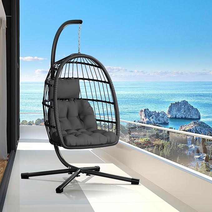 CHABATREE Egg Chair with StandPatio Rattan Wicker Hanging Swing Egg Chair Hammock Chair for Bedroom Porch GardenThickened Aluminum Alloy Steel Frame and UV Resistant Cushion350LBS Capacity