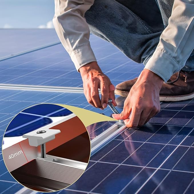 Anbte 10pcs Solar Panels Centre Clamps Aluminium T-Shaped Mid Clamps Include 10 Screws M8 Solar Panel Mounting Brackets for Metal Roof Tin Roof Sheet Roof and Any Other Flat Roof 40mm