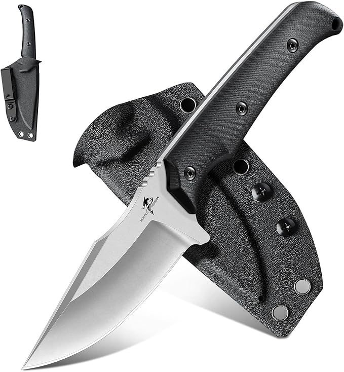 Purple Dragon Fixed Blade Knife - Full Tang Hunting Knife Forged from a Single Piece of D2 Steel - Camping Knives with G10 Handle and Kydex Sheath - Outdoor Gift for Men - Black