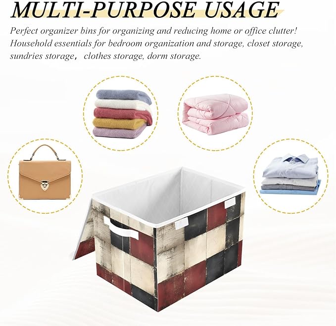 AIXIWAWA Lidded Storage Cube (Vintage Checkered) Fabric Foldable Closet Bins with Flip Lid and Handles Organizer Basket Container 16.5 x 12.6 x 11.8 IN