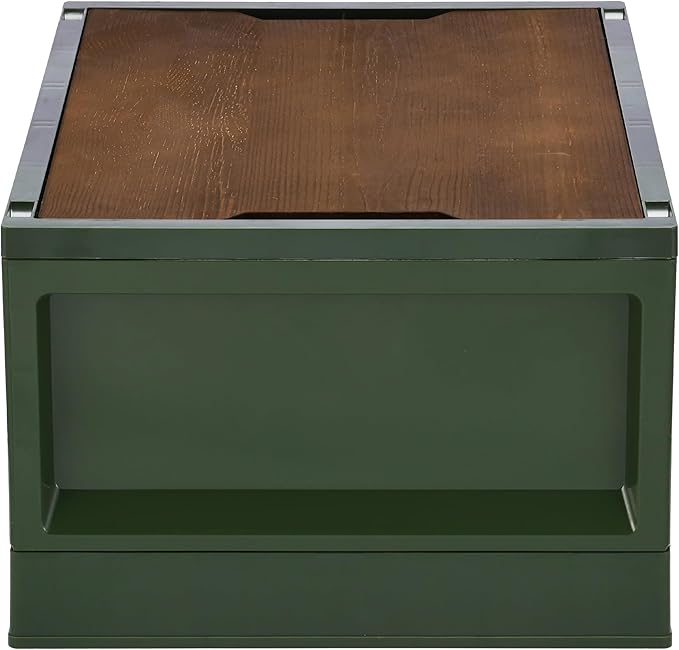 Navaris Camping Storage Box Green - 35L Foldable Bin with Pine Wood Lid - Collapsible Folding Crate - Easy to Disassemble Plastic Storage Crates - Stackable Design with Wheels
