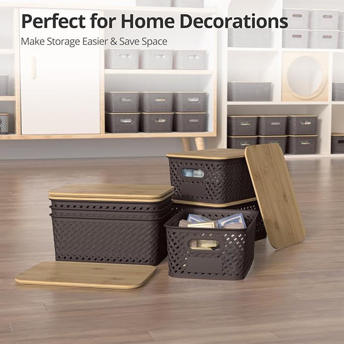 Plastic Storage Bins with Bamboo Lids Stackable Small Box Baskets for Organizing and Containers for Shelves Drawers Desktop Closet Pantry Classroom Office Home 6 Pack 10.2x7.2x4.1 Inch Brown