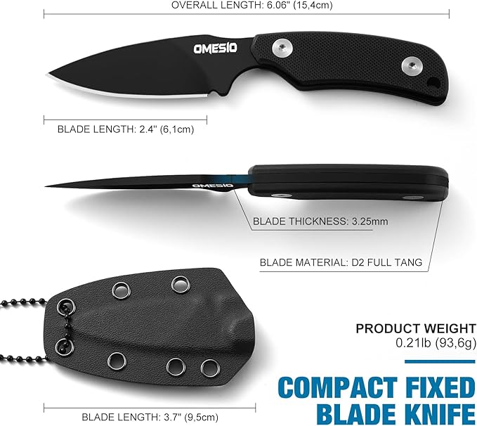 Omesio EDC Fixed Blade Knife 5.82 Neck Knife with Sheath and Necklace D2 Steel 2.99-Inch Blade Small Full Tang Knife with Clip G10 Handle for Fishing Hiking Camping (Black Blade + Black Handle)