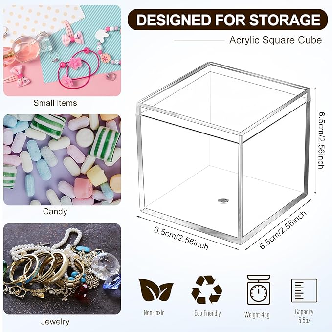 Thyle 100 Pieces Clear Acrylic Box with Lid 2.6 x 2.6 x 2.6 Inch Small Plastic Square Cube Containers Mini Clear Display Box Acrylic Gift Box Storage Box for Candy Pill Tiny Jewelry Gifts