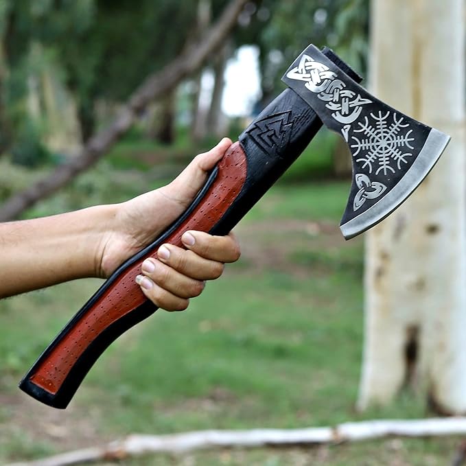 Viking Axe | 17 Carbon Steel Throwing Hatchet with Ash Wood Handle &amp Leather Sheath | Etched Norse Design Functional &amp Collectible Gift (WCA-01)
