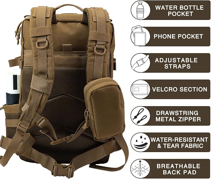 Military Tactical BackpackSturdy Work &amp Molle Laptops RucksackArmy Pack for Hiking Camping Travel Fishing GymKhaki