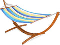 Lazy Daze Hammocks Cotton Fabric Spreader Bar Hammock and 10.5 Ft Wood Arc Hammock Stand Combo for Outdoor Indoor Patio Backyard Blue and Yellow