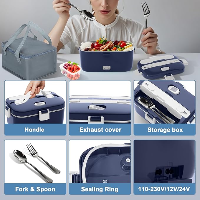 DUPASU Electric Lunch Box for Adults: 100W Heated Lunch Box Food Warmer 1.8L Portable Fast Heating Lunchbox Food Heater or Car Truck Work Travel Lonchera Elctrica Porttil 12/24V/110-230V
