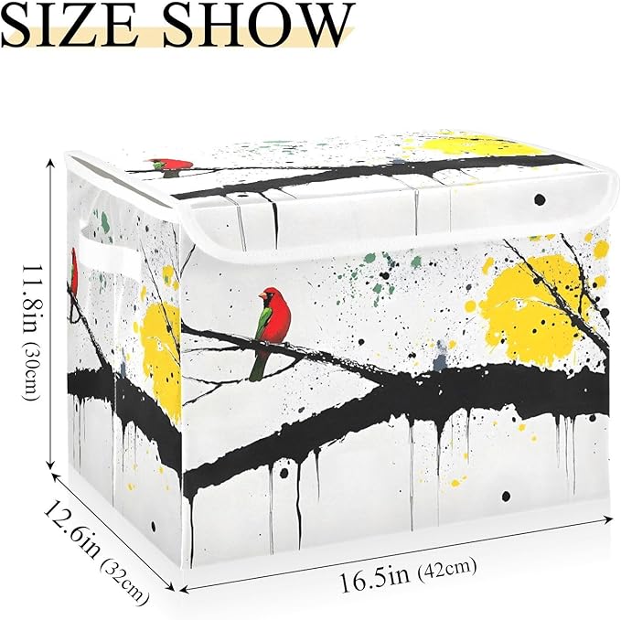 Art Drawing Bird Storage Cube Bins Basket with Lid Collapsible Flip-top Fabric with Handle for Home Bedroom Closet Office 16.5×12.6×11.8 in