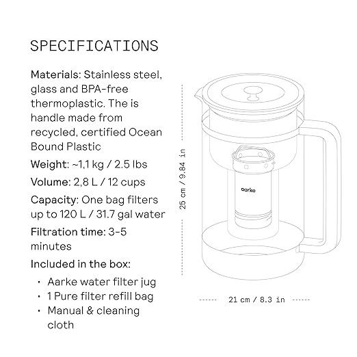 Aarke Purifier - Premium Glass and Stainless Steel Water Filter Pitcher Refillable Filter System and Granules 2.8L Pitcher with 1.66L Filtration Capacity