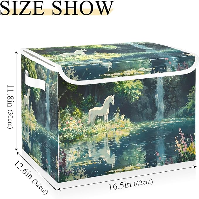 Storage Cube with Lid Lake White Horse Print 16.5×12.6×11.8 IN 1 Pack Collapsible Large Capacity Foldable Storage Basket Bin Organizer