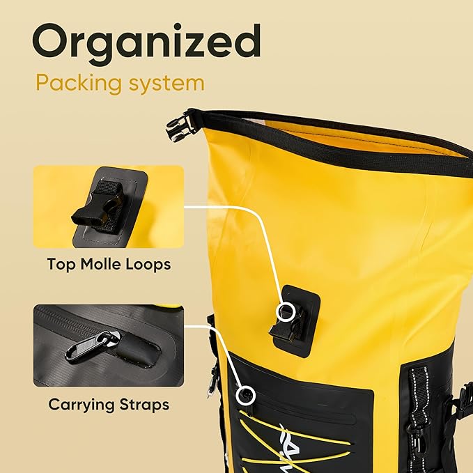 Dry Bag Waterproof Backpack 35L for Men &amp Women Roll-Top Hiking Backpack with IPX8 Waterproof Phone Case &amp Detachable Mini Backpack for Kayaking Boating Cushioned Padded Back Yellow