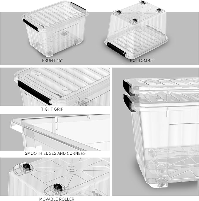 Cetomo Lidded Storage Bin Stackable Storage Box Organizing Container with Lid and Snap Lock Durable Plastic Clear 60 quart Pack of 6