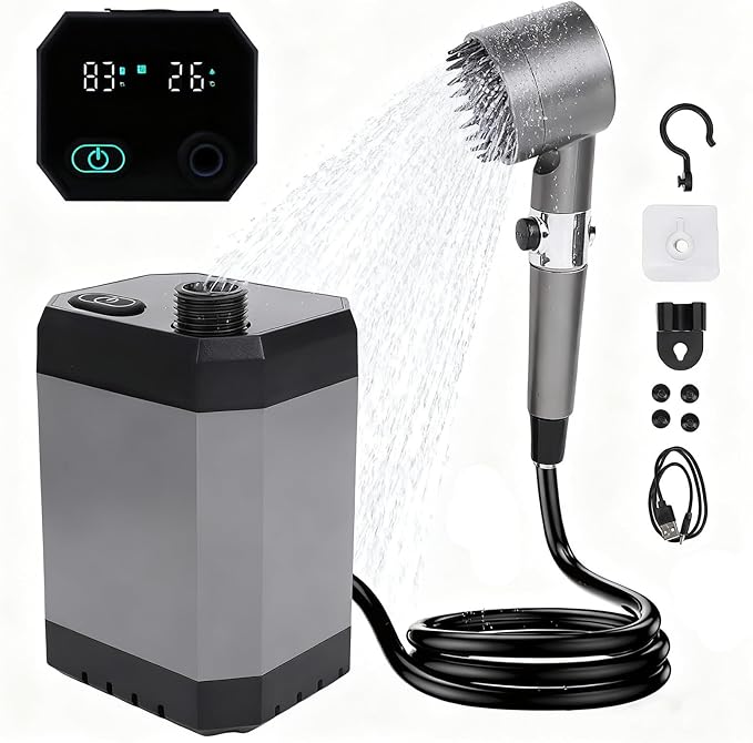 Portable Shower for Camping12000mAh Rechargeable Camping Shower with Intelligent LED DisplayOutdoor Shower Pump with 3 Spray Modes for HikingTravelCarPet