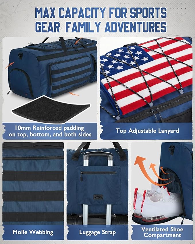 Gonex 90L Extra Large Duffel Bag for Men Heavy Duty 3 in 1 Convertible Carry Travel Duffle with Shoe Compartment Tactical Loops Sports Gear Bag for Family Trips (Dark Blue)